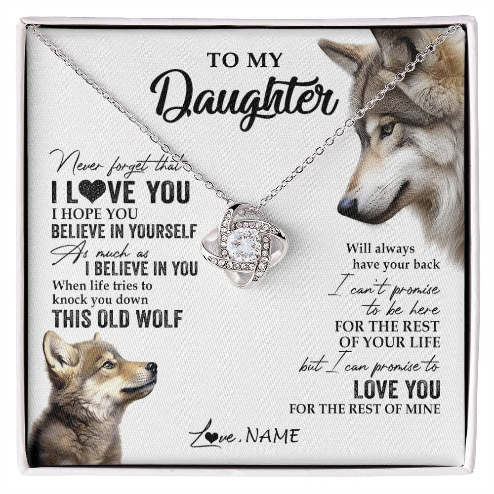 Love Knot Necklace 14K White Gold Finish | 1 | Personalized To My Daughter Necklace From Dad Mom Mother This Old Wolf Love You Daughter Birthday Graduation Christmas Customized Gift Box Message Card | siriusteestore