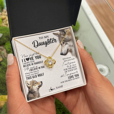 Love Knot Necklace 18K Yellow Gold Finish | 2 | Personalized To My Daughter Necklace From Dad Mom Mother This Old Wolf Love You Daughter Birthday Graduation Christmas Customized Gift Box Message Card | siriusteestore