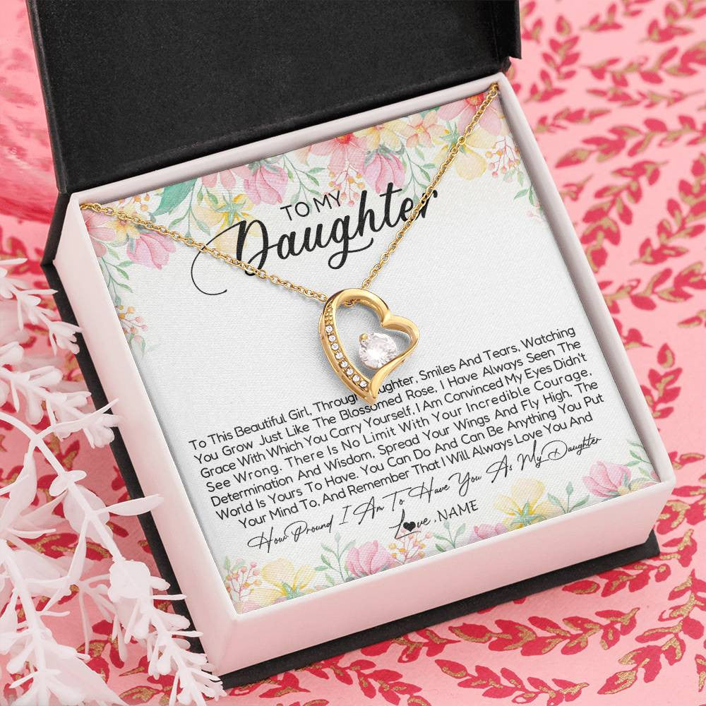 Forever Love Necklace 18K Yellow Gold Finish | Personalized To My Daughter Necklace From Dad Mom Mother To This Beautiful Girl Daughter Jewelry Birthday Graduation Christmas Customized Gift Box Message Card | siriusteestore
