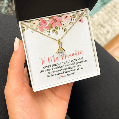 Alluring Beauty Necklace 18K Yellow Gold Finish | Personalized To My Daughter Necklace From Dad Mom Never Forget That I Love You Daughter Jewelry Birthday Graduation Christmas Customized Gift Box Message Card | siriusteestore