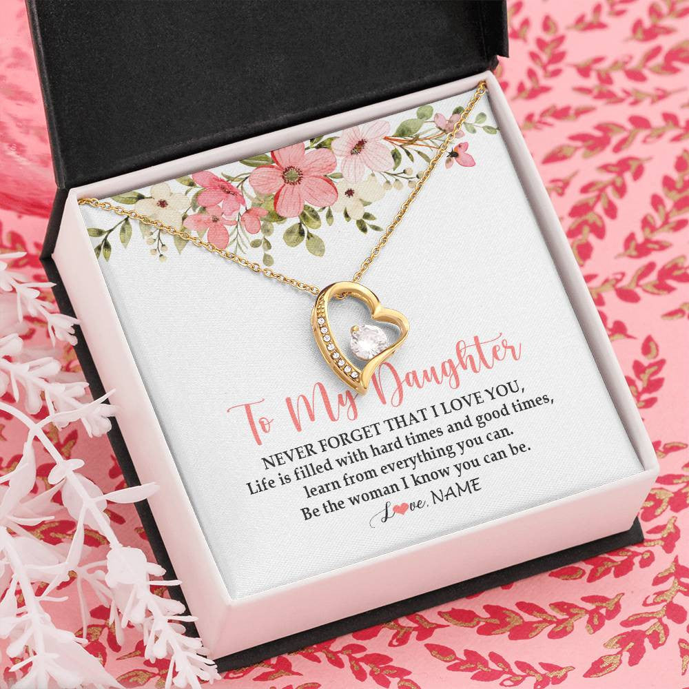 Forever Love Necklace 18K Yellow Gold Finish | Personalized To My Daughter Necklace From Dad Mom Never Forget That I Love You Daughter Jewelry Birthday Graduation Christmas Customized Gift Box Message Card | siriusteestore