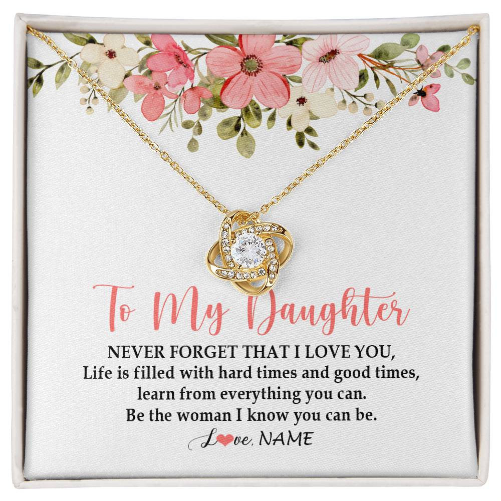 Love Knot Necklace 18K Yellow Gold Finish | Personalized To My Daughter Necklace From Dad Mom Never Forget That I Love You Daughter Jewelry Birthday Graduation Christmas Customized Gift Box Message Card | siriusteestore
