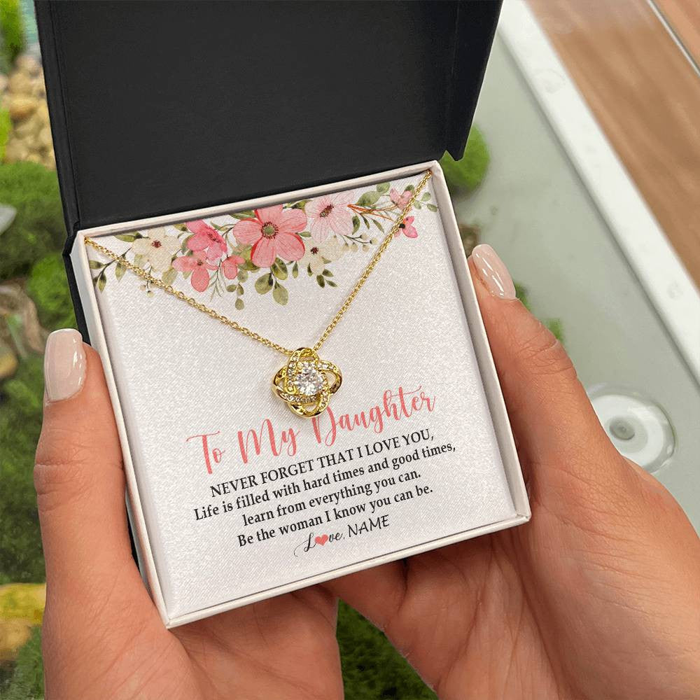Love Knot Necklace 18K Yellow Gold Finish | Personalized To My Daughter Necklace From Dad Mom Never Forget That I Love You Daughter Jewelry Birthday Graduation Christmas Customized Gift Box Message Card | siriusteestore