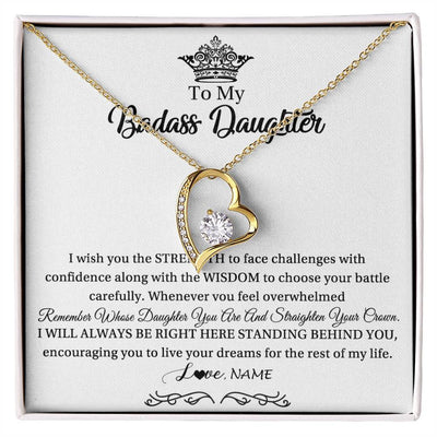 Forever Love Necklace 18K Yellow Gold Finish | Personalized To My Daughter Necklace From Dad Mom Straighten Your Crown Daughter Jewelry Birthday Graduation Christmas Customized Gift Box Message Card | siriusteestore