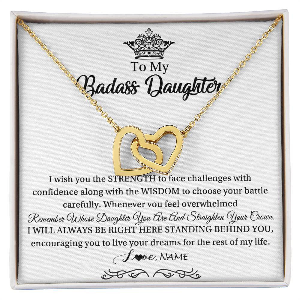 Interlocking Hearts Necklace 18K Yellow Gold Finish | Personalized To My Daughter Necklace From Dad Mom Straighten Your Crown Daughter Jewelry Birthday Graduation Christmas Customized Gift Box Message Card | siriusteestore