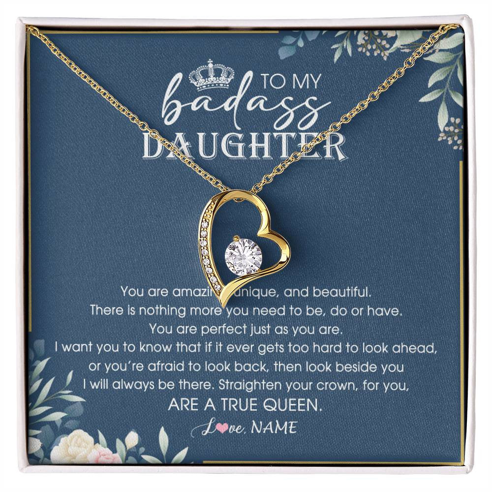 Forever Love Necklace 18K Yellow Gold Finish | 1 | Personalized To My Daughter Necklace From Dad Mom Straighten Your Crown Queen Daughter Jewelry Birthday Graduation Christmas Customized Gift Box Message Card | siriusteestore