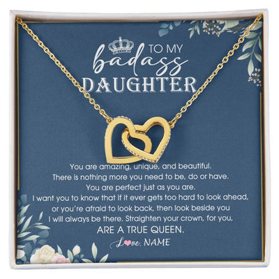Interlocking Hearts Necklace 18K Yellow Gold Finish | 1 | Personalized To My Daughter Necklace From Dad Mom Straighten Your Crown Queen Daughter Jewelry Birthday Graduation Christmas Customized Gift Box Message Card | siriusteestore