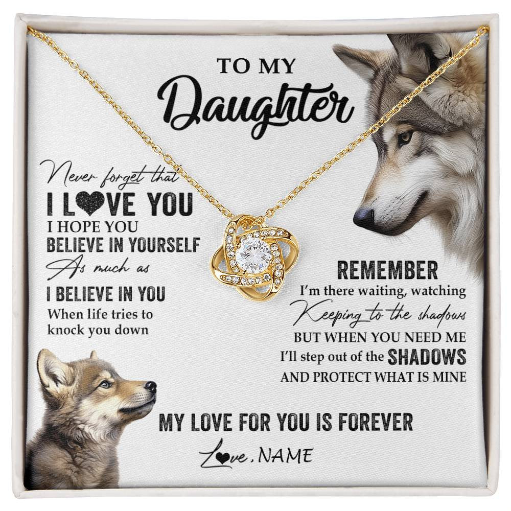 Love Knot Necklace 18K Yellow Gold Finish | 1 | Personalized To My Daughter Necklace From Dad Mom Wolf My Love For You Is Forever Daughter Birthday Graduation Christmas Customized Gift Box Message Card | siriusteestore