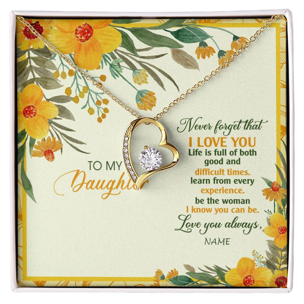 Forever Love Necklace 18K Yellow Gold Finish | Personalized To My Daughter Necklace From Mom Dad Flower Never Forget That I Love You Daughter Birthday Christmas Graduation Customized Gift Box Message Card | siriusteestore
