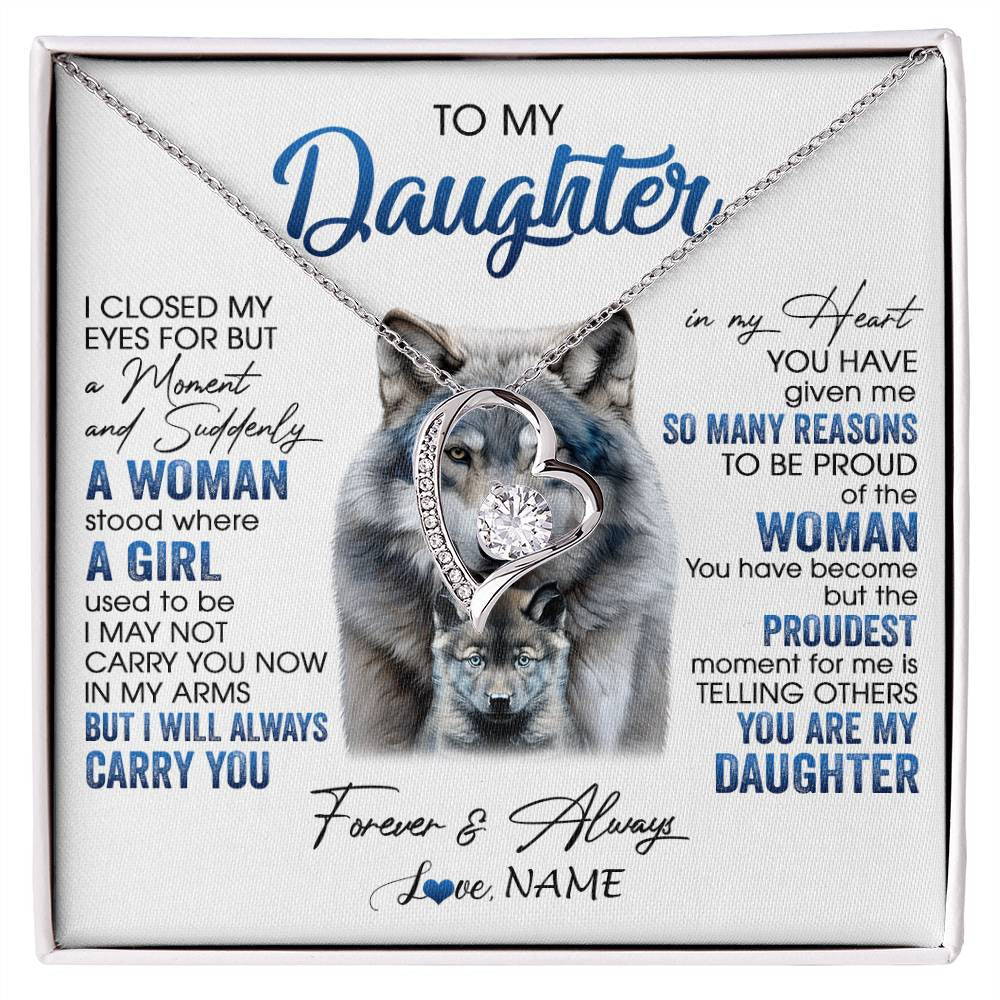 Forever Love Necklace 14K White Gold Finish | 1 | Personalized To My Daughter Necklace From Mom Dad I Close My Eyes For But A Moment Wolf Daughter Birthday Gifts Christmas Customized Gift Box Message Card | siriusteestore