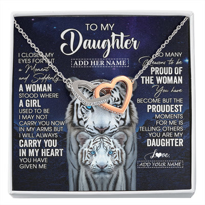 Interlocking Hearts Necklace Stainless Steel & Rose Gold Finish | 1 | Personalized To My Daughter Necklace From Mom Dad I Close My Eyes White Tiger Daughter Birthday Gift Graduation Christmas Jewelry Gift Box Message Card | https://siriusteestore.