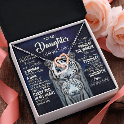 Interlocking Hearts Necklace Stainless Steel & Rose Gold Finish | 2 | Personalized To My Daughter Necklace From Mom Dad I Close My Eyes White Tiger Daughter Birthday Gift Graduation Christmas Jewelry Gift Box Message Card | https://siriusteestore.
