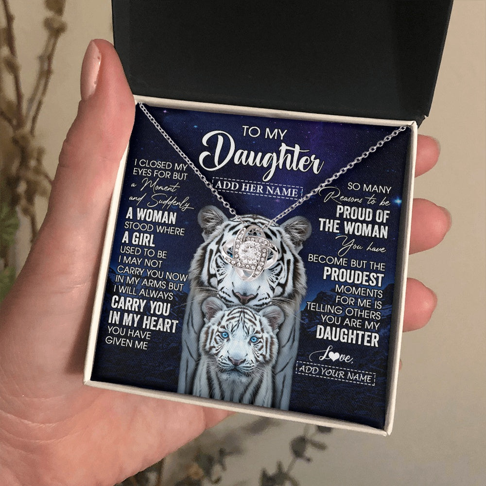 Love Knot Necklace 14K White Gold Finish | 2 | Personalized To My Daughter Necklace From Mom Dad I Close My Eyes White Tiger Daughter Birthday Gift Graduation Christmas Jewelry Gift Box Message Card | https://siriusteestore.