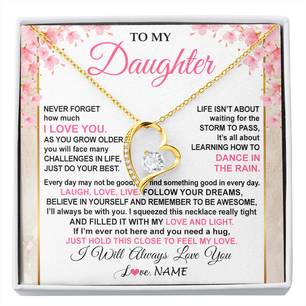 Forever Love Necklace 18K Yellow Gold Finish | 1 | Personalized To My Daughter Necklace From Mom Dad Inspirational I Love You Daughter Birthday Jewelry Graduation Christmas Customized Gift Box Message Card | siriusteestore