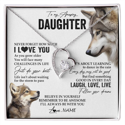 Forever Love Necklace 14K White Gold Finish | 1 | Personalized To My Daughter Necklace From Mom Dad Just Do You Best Laugh Love Live Wolf Daughter Birthday Graduation Christmas Customized Gift Box Message Card | siriusteestore