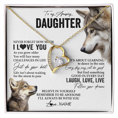 Forever Love Necklace 18K Yellow Gold Finish | 1 | Personalized To My Daughter Necklace From Mom Dad Just Do You Best Laugh Love Live Wolf Daughter Birthday Graduation Christmas Customized Gift Box Message Card | siriusteestore