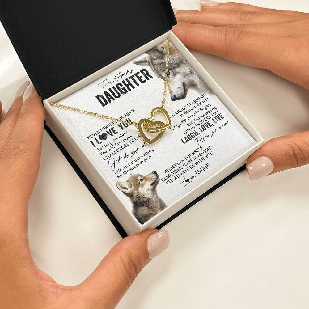Interlocking Hearts Necklace 18K Yellow Gold Finish | 2 | Personalized To My Daughter Necklace From Mom Dad Just Do You Best Laugh Love Live Wolf Daughter Birthday Graduation Christmas Customized Gift Box Message Card | siriusteestore