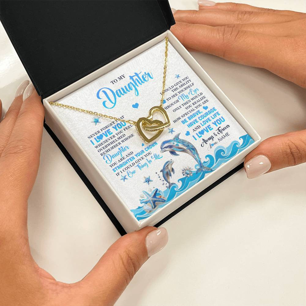 Interlocking Hearts Necklace 18K Yellow Gold Finish | 2 | Personalized To My Daughter Necklace From Mom Dad Mother Dophin Never Forget I Love You Daughter Birthday Jewelry Christmas Customized Gift Box Message Card | siriusteestore