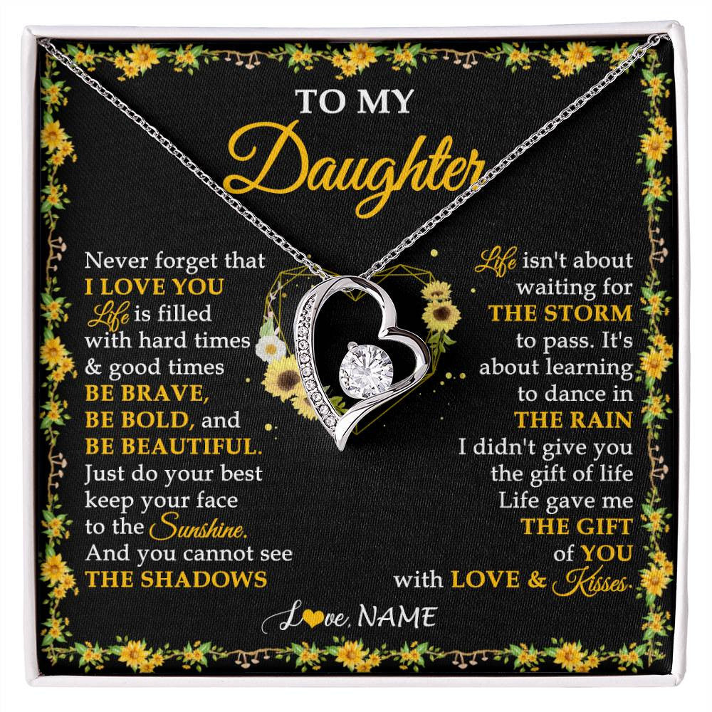 Forever Love Necklace 14K White Gold Finish | 1 | Personalized To My Daughter Necklace From Mom Dad Mother Father I Love You Sunflower Daughter Birthday Jewelry Christmas Customized Gift Box Message Card | siriusteestore