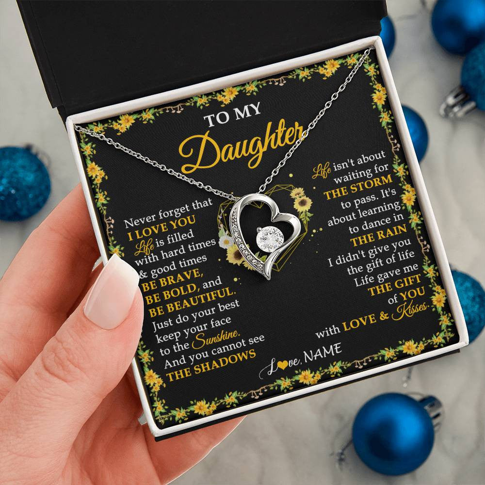 Forever Love Necklace 14K White Gold Finish | 2 | Personalized To My Daughter Necklace From Mom Dad Mother Father I Love You Sunflower Daughter Birthday Jewelry Christmas Customized Gift Box Message Card | siriusteestore