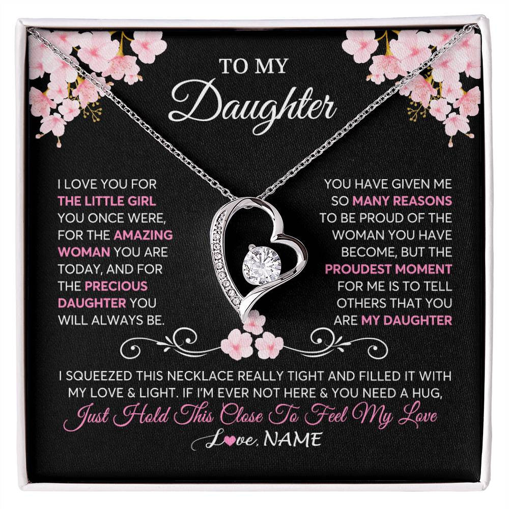 Forever Love Necklace 14K White Gold Finish | 1 | Personalized To My Daughter Necklace From Mom Dad Mother Father Love You Little Girl Daughter Birthday Jewelry Christmas Customized Gift Box Message Card | siriusteestore