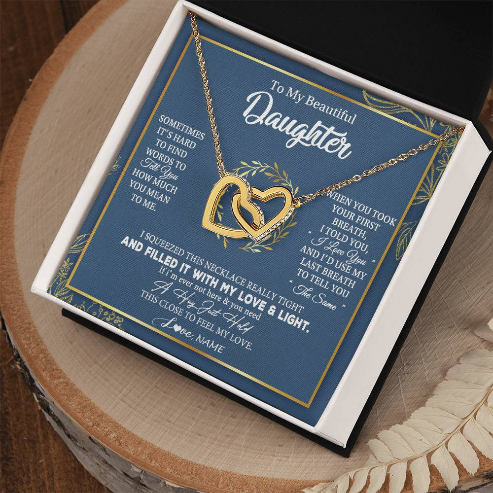 Interlocking Hearts Necklace 18K Yellow Gold Finish | Personalized To My Daughter Necklace From Mom Dad Mother How Much You Mean To Me Gift For Daughter Birthday Graduation Christmas Customized Message Card | siriusteestore