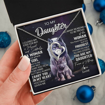 Forever Love Necklace 14K White Gold Finish | 2 | Personalized To My Daughter Necklace From Mom Dad Mother I Close My Eyes Wolf Daughter Birthday Gifts Graduation Christmas Customized Gift Box Message Card | siriusteestore