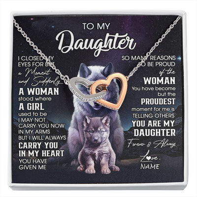 Interlocking Hearts Necklace Stainless Steel & Rose Gold Finish | 1 | Personalized To My Daughter Necklace From Mom Dad Mother I Close My Eyes Wolf Daughter Birthday Gifts Graduation Christmas Customized Gift Box Message Card | siriusteestore