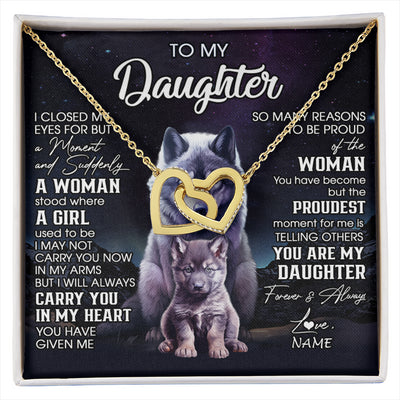 Interlocking Hearts Necklace 18K Yellow Gold Finish | 1 | Personalized To My Daughter Necklace From Mom Dad Mother I Close My Eyes Wolf Daughter Birthday Gifts Graduation Christmas Customized Gift Box Message Card | siriusteestore