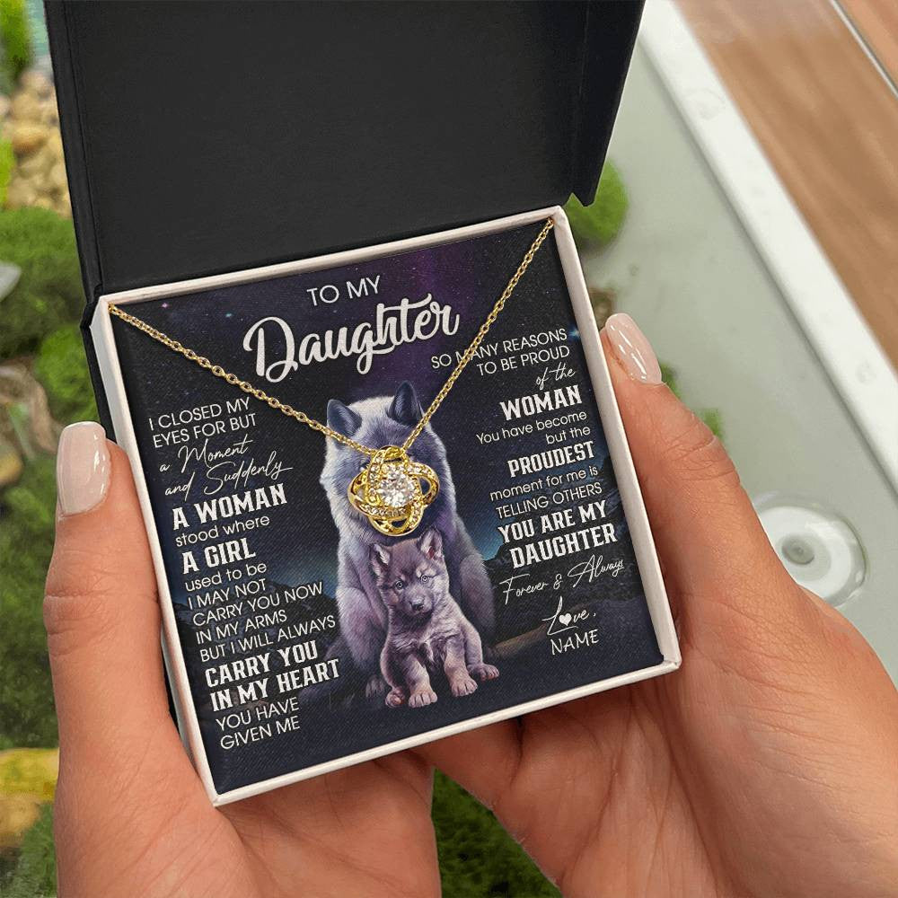 Love Knot Necklace 18K Yellow Gold Finish | 2 | Personalized To My Daughter Necklace From Mom Dad Mother I Close My Eyes Wolf Daughter Birthday Gifts Graduation Christmas Customized Gift Box Message Card | siriusteestore