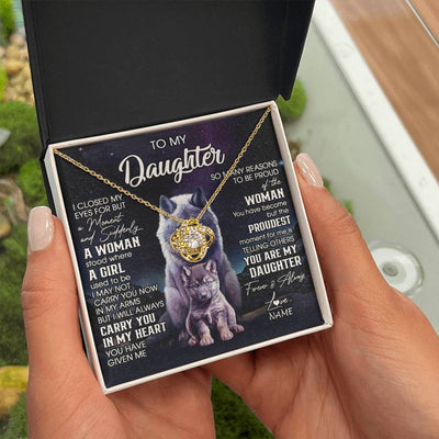 Love Knot Necklace 18K Yellow Gold Finish | 2 | Personalized To My Daughter Necklace From Mom Dad Mother I Close My Eyes Wolf Daughter Birthday Gifts Graduation Christmas Customized Gift Box Message Card | siriusteestore