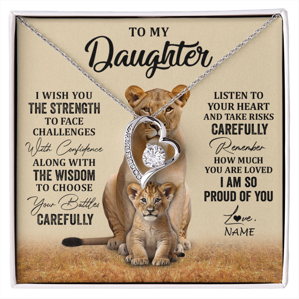 Forever Love Necklace 14K White Gold Finish | 1 | Personalized To My Daughter Necklace From Mom Dad Mother I Wish You The Strength Lion Daughter Birthday Graduation Christmas Customized Gift Box Message Card | siriusteestore