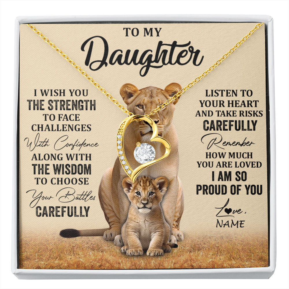 Forever Love Necklace 18K Yellow Gold Finish | 1 | Personalized To My Daughter Necklace From Mom Dad Mother I Wish You The Strength Lion Daughter Birthday Graduation Christmas Customized Gift Box Message Card | siriusteestore