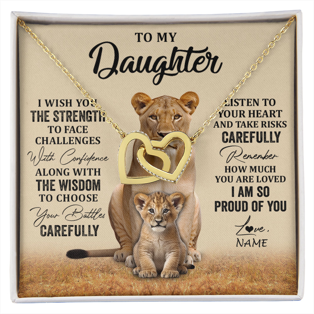 Interlocking Hearts Necklace 18K Yellow Gold Finish | 1 | Personalized To My Daughter Necklace From Mom Dad Mother I Wish You The Strength Lion Daughter Birthday Graduation Christmas Customized Gift Box Message Card | siriusteestore