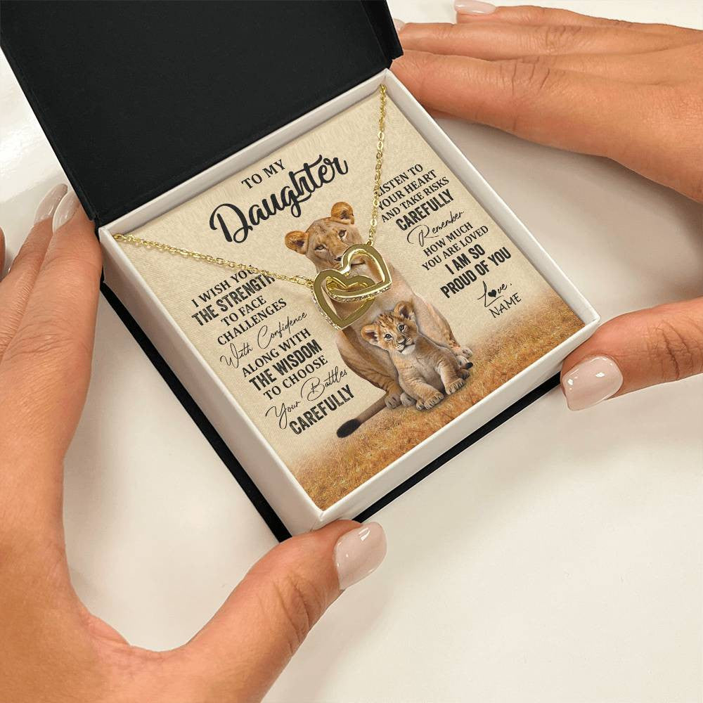 Interlocking Hearts Necklace 18K Yellow Gold Finish | 2 | Personalized To My Daughter Necklace From Mom Dad Mother I Wish You The Strength Lion Daughter Birthday Graduation Christmas Customized Gift Box Message Card | siriusteestore