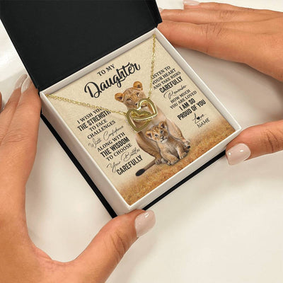 Interlocking Hearts Necklace 18K Yellow Gold Finish | 2 | Personalized To My Daughter Necklace From Mom Dad Mother I Wish You The Strength Lion Daughter Birthday Graduation Christmas Customized Gift Box Message Card | siriusteestore