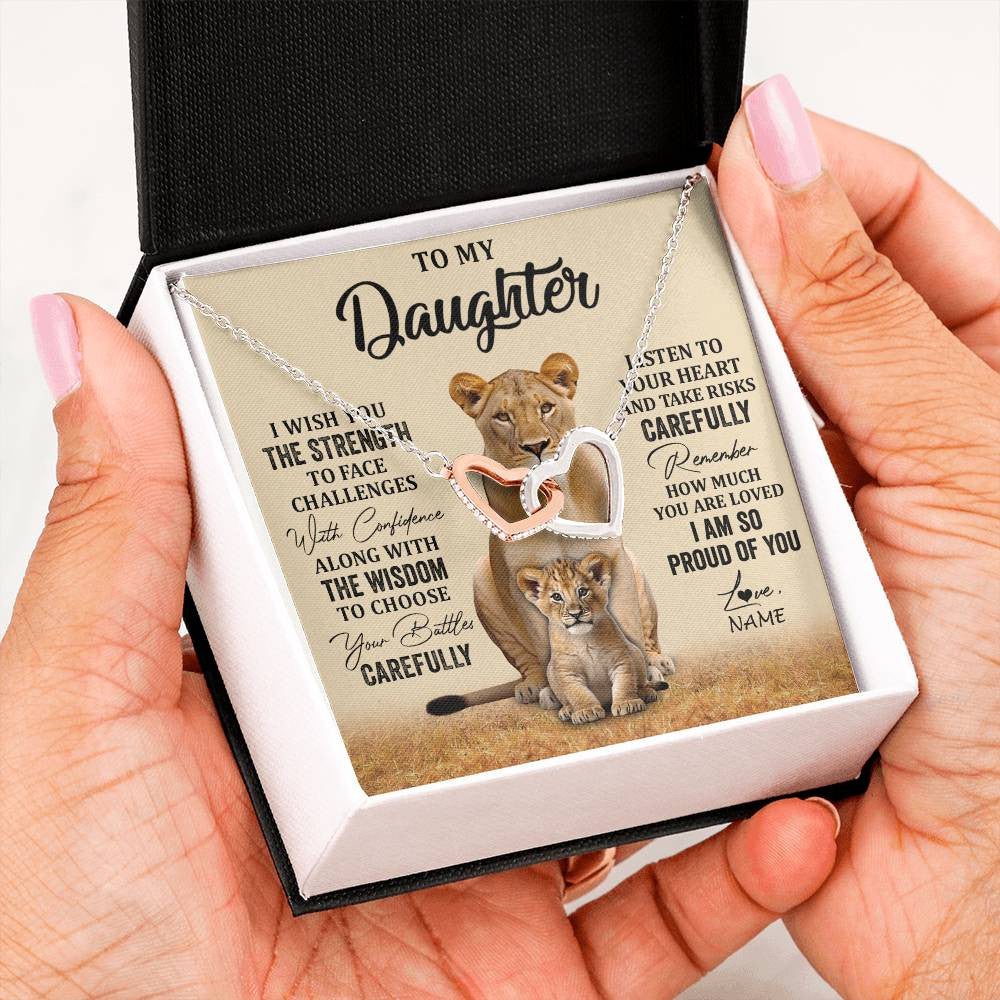 Interlocking Hearts Necklace Stainless Steel & Rose Gold Finish | 2 | Personalized To My Daughter Necklace From Mom Dad Mother I Wish You The Strength Lion Daughter Birthday Graduation Christmas Customized Gift Box Message Card | siriusteestore