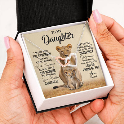 Interlocking Hearts Necklace Stainless Steel & Rose Gold Finish | 2 | Personalized To My Daughter Necklace From Mom Dad Mother I Wish You The Strength Lion Daughter Birthday Graduation Christmas Customized Gift Box Message Card | siriusteestore