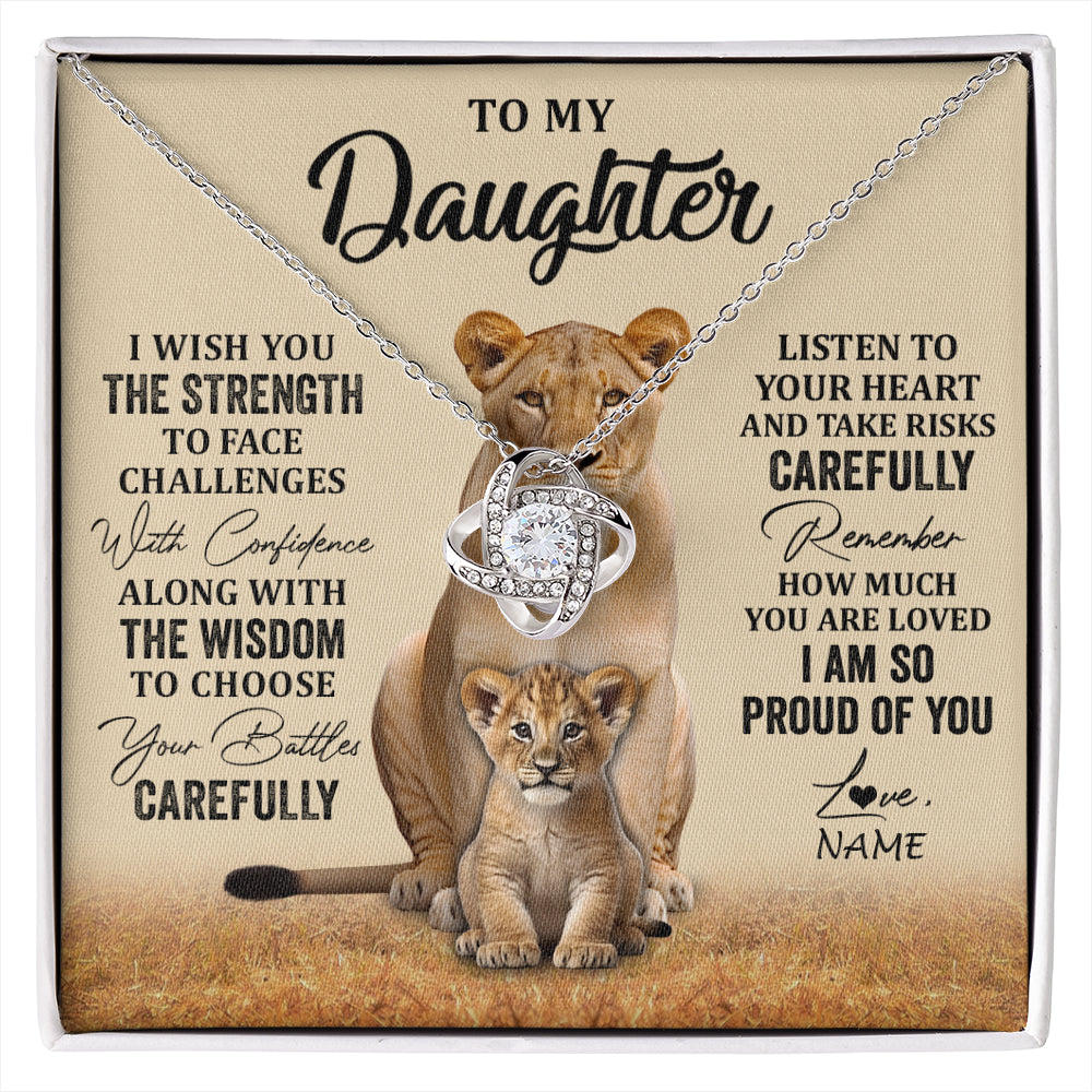 Love Knot Necklace 14K White Gold Finish | 1 | Personalized To My Daughter Necklace From Mom Dad Mother I Wish You The Strength Lion Daughter Birthday Graduation Christmas Customized Gift Box Message Card | siriusteestore