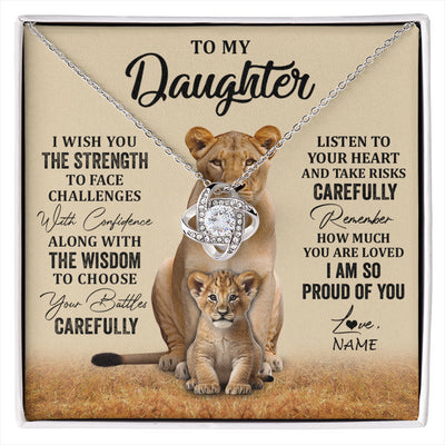 Love Knot Necklace 14K White Gold Finish | 1 | Personalized To My Daughter Necklace From Mom Dad Mother I Wish You The Strength Lion Daughter Birthday Graduation Christmas Customized Gift Box Message Card | siriusteestore