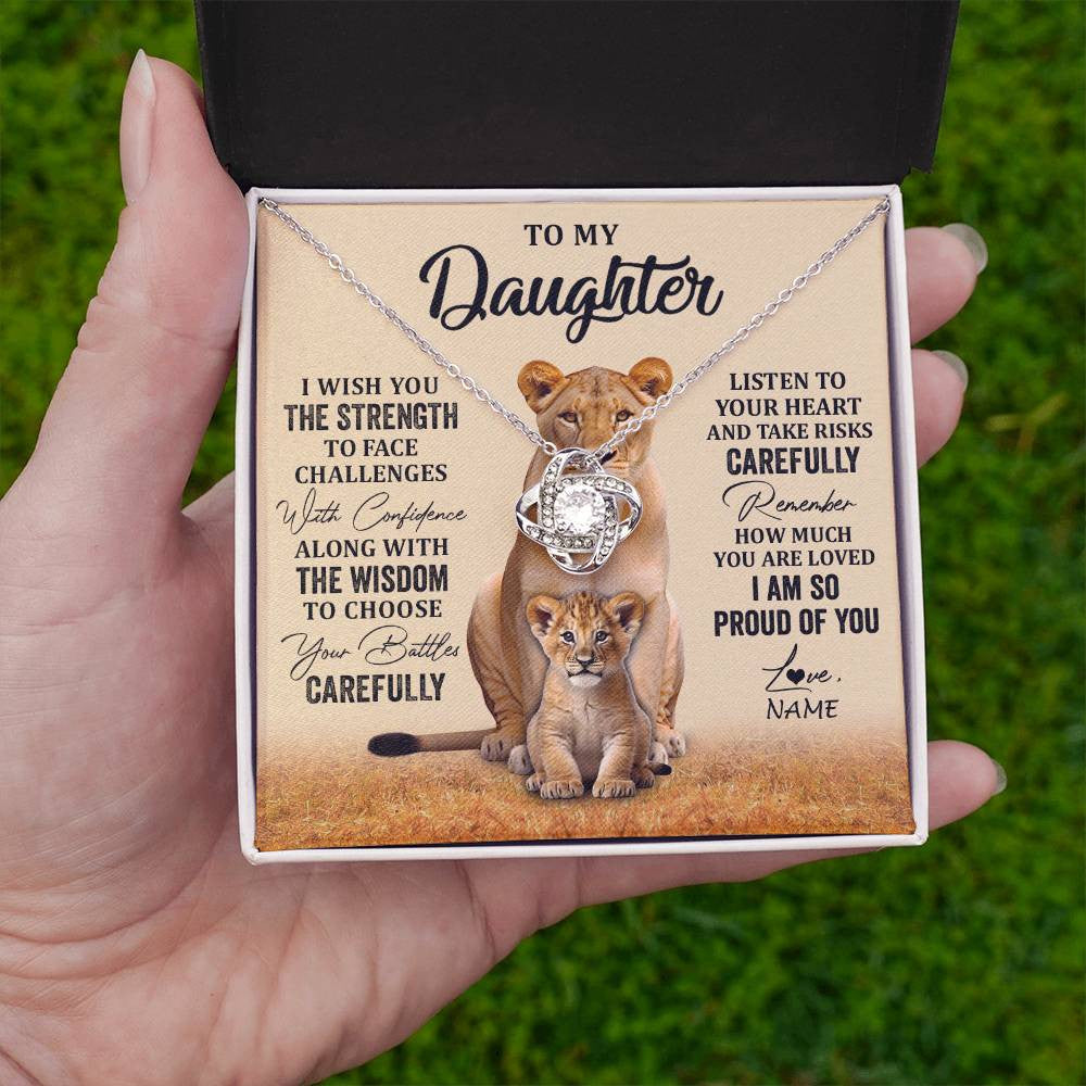 Love Knot Necklace 14K White Gold Finish | 2 | Personalized To My Daughter Necklace From Mom Dad Mother I Wish You The Strength Lion Daughter Birthday Graduation Christmas Customized Gift Box Message Card | siriusteestore