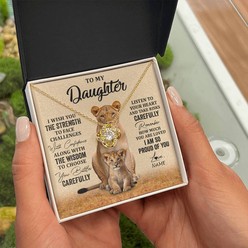 Love Knot Necklace 18K Yellow Gold Finish | 2 | Personalized To My Daughter Necklace From Mom Dad Mother I Wish You The Strength Lion Daughter Birthday Graduation Christmas Customized Gift Box Message Card | siriusteestore