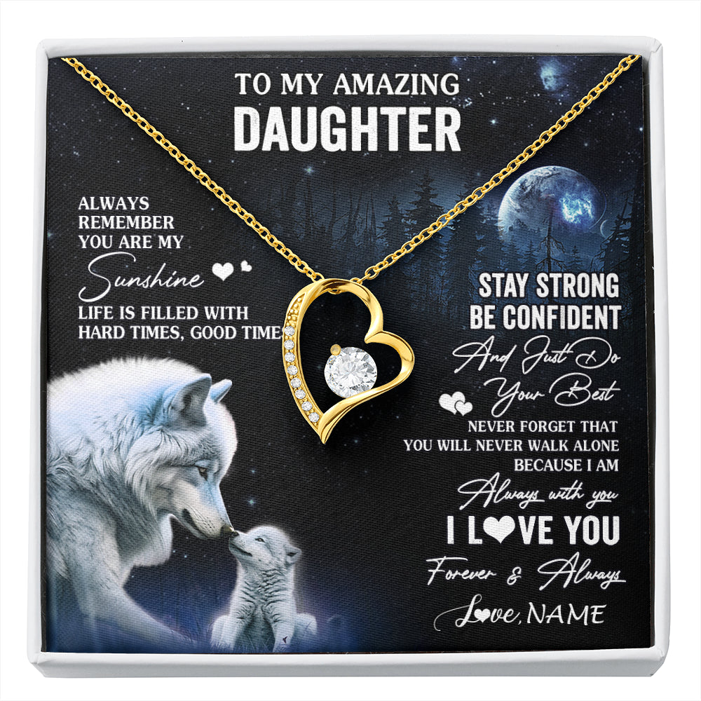 Forever Love Necklace 18K Yellow Gold Finish | 1 | Personalized To My Daughter Necklace From Mom Dad Mother Moon Wolf Daughter Birthday Gifts Jewelry Graduation Christmas Customized Gift Box Message Card | siriusteestore