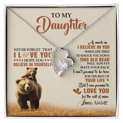 Forever Love Necklace 14K White Gold Finish | 1 | Personalized To My Daughter Necklace From Mom Dad Mother This Old Bear Love You Daughter Birthday Gifts Graduation Christmas Customized Gift Box Message Card | siriusteestore