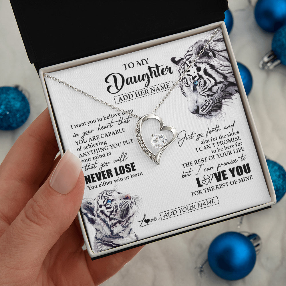 Forever Love Necklace 14K White Gold Finish | 2 | Personalized To My Daughter Necklace From Mom Dad Mother You Will Never Lose White Tiger Daughter Birthday Gifts Graduation Christmas Gift Box Message Card | siriusteestore