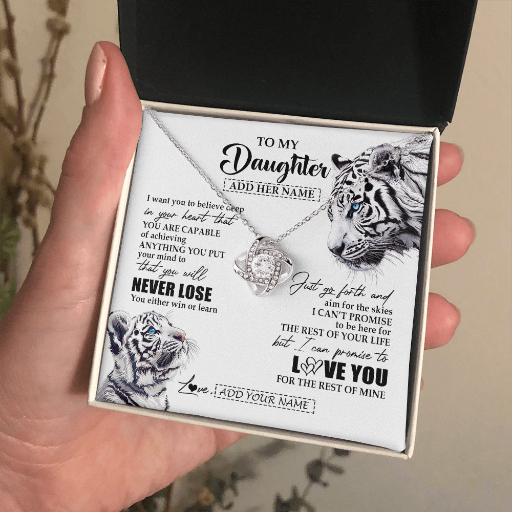 Love Knot Necklace 14K White Gold Finish | 2 | Personalized To My Daughter Necklace From Mom Dad Mother You Will Never Lose White Tiger Daughter Birthday Gifts Graduation Christmas Gift Box Message Card | siriusteestore