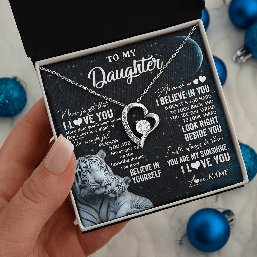 Forever Love Necklace 14K White Gold Finish | 2 | Personalized To My Daughter Necklace From Mom Dad Never Forget I Love You White Tiger Daughter Birthday Graduation Christmas Customized Gift Box Message Card | siriusteestore