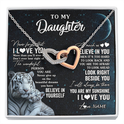 Interlocking Hearts Necklace Stainless Steel & Rose Gold Finish | 1 | Personalized To My Daughter Necklace From Mom Dad Never Forget I Love You White Tiger Daughter Birthday Graduation Christmas Customized Gift Box Message Card | siriusteestore