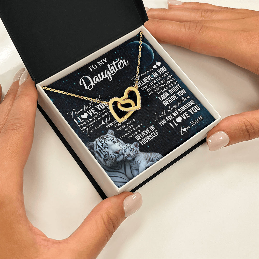Interlocking Hearts Necklace 18K Yellow Gold Finish | 2 | Personalized To My Daughter Necklace From Mom Dad Never Forget I Love You White Tiger Daughter Birthday Graduation Christmas Customized Gift Box Message Card | siriusteestore