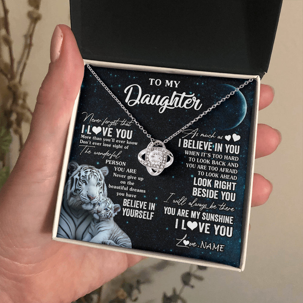 Love Knot Necklace 14K White Gold Finish | 2 | Personalized To My Daughter Necklace From Mom Dad Never Forget I Love You White Tiger Daughter Birthday Graduation Christmas Customized Gift Box Message Card | siriusteestore
